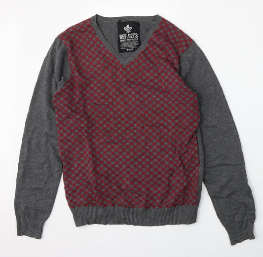 Ref 0273 Mens Grey V-Neck Geometric Cotton Pullover Jumper Size S
