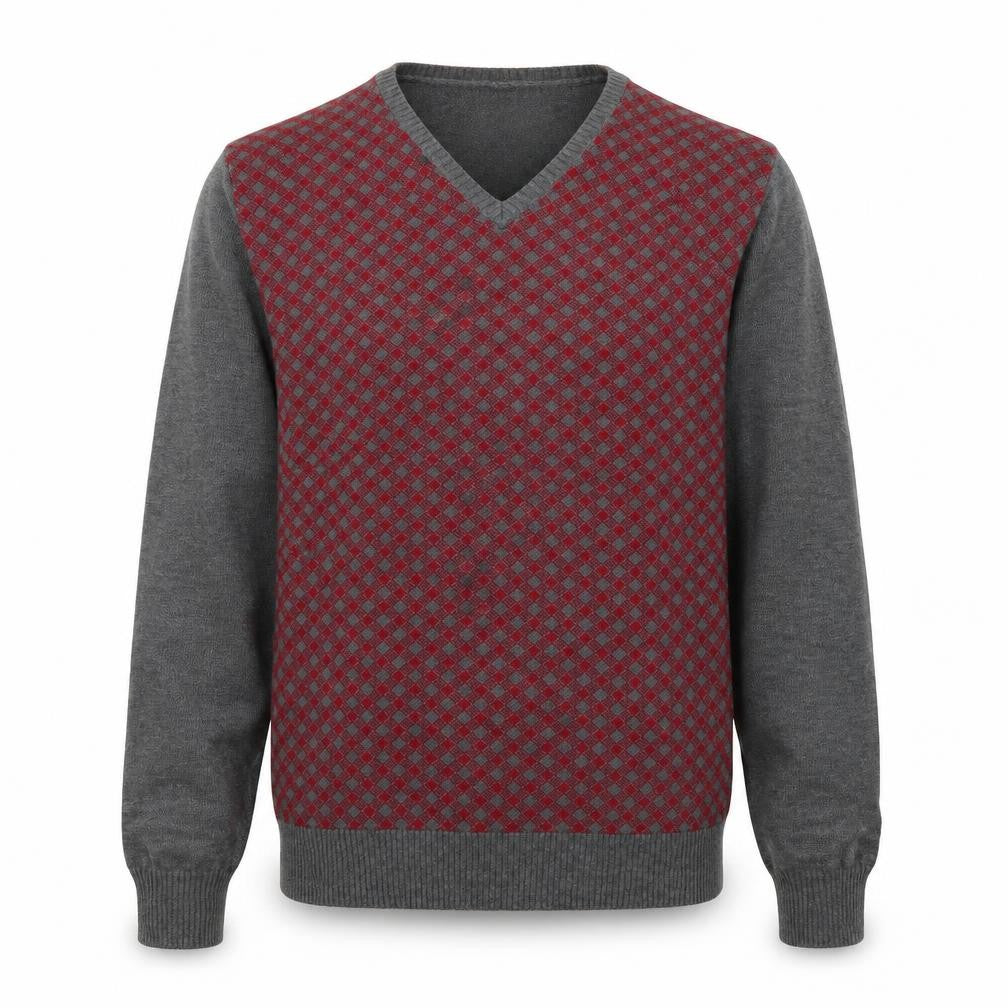 Ref 0273 Mens Grey V-Neck Geometric Cotton Pullover Jumper Size S