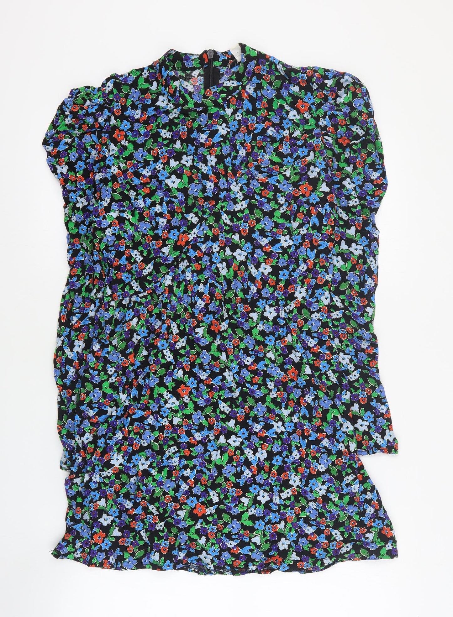 Topshop Womens Black Floral Viscose A-Line  Size 8  High Neck Zip