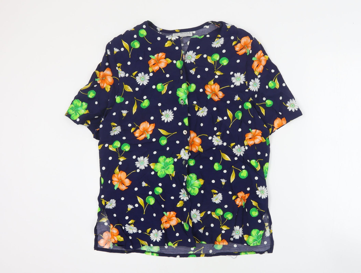 St Roma Womens Blue Floral Viscose Basic Button-Up Size 14 Round Neck