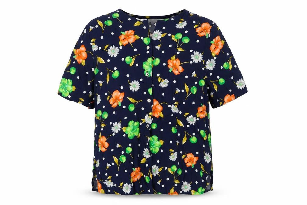 St Roma Womens Blue Floral Viscose Basic Button-Up Size 14 Round Neck