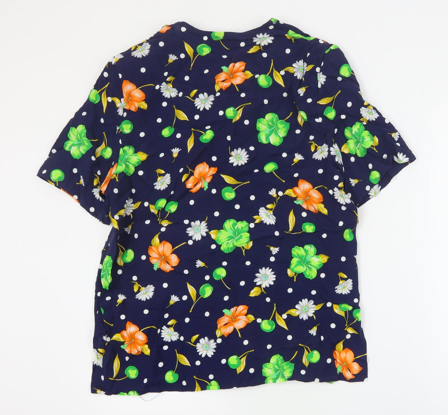 St Roma Womens Blue Floral Viscose Basic Button-Up Size 14 Round Neck
