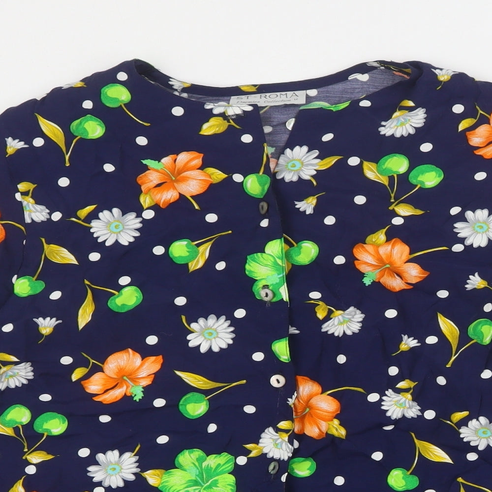 St Roma Womens Blue Floral Viscose Basic Button-Up Size 14 Round Neck