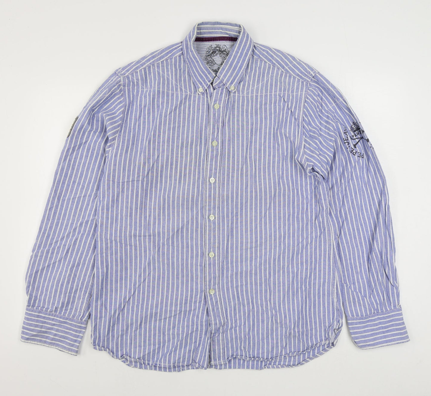 Pepe Jeans Mens Blue Striped Cotton  Button-Up Size 2XL Collared Button