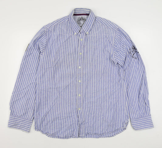 Pepe Jeans Mens Blue Striped Cotton  Button-Up Size 2XL Collared Button