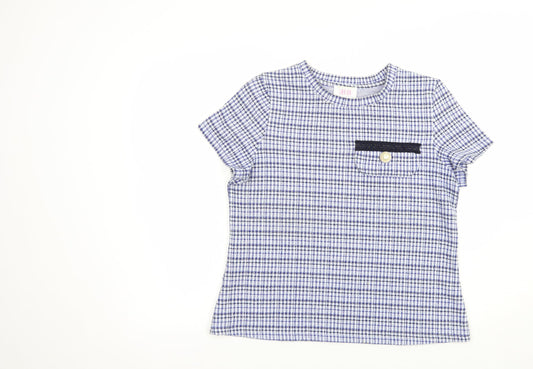Savida Womens Blue Check Polyester Basic Blouse Size M Crew Neck