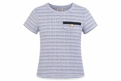 Savida Womens Blue Check Polyester Basic Blouse Size M Crew Neck