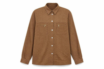Starstyle Womens Brown Striped Polyester Basic Button-Up Size 10 Collared