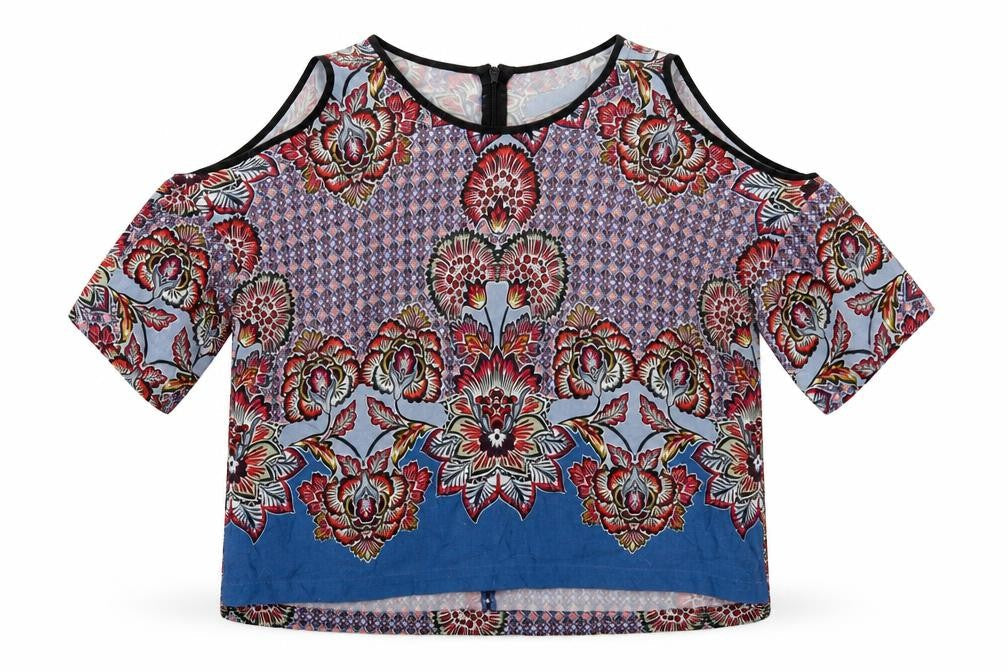 Topshop Womens Blue Floral Viscose Basic Blouse Size 6 Scoop Neck - Cold Shoulder