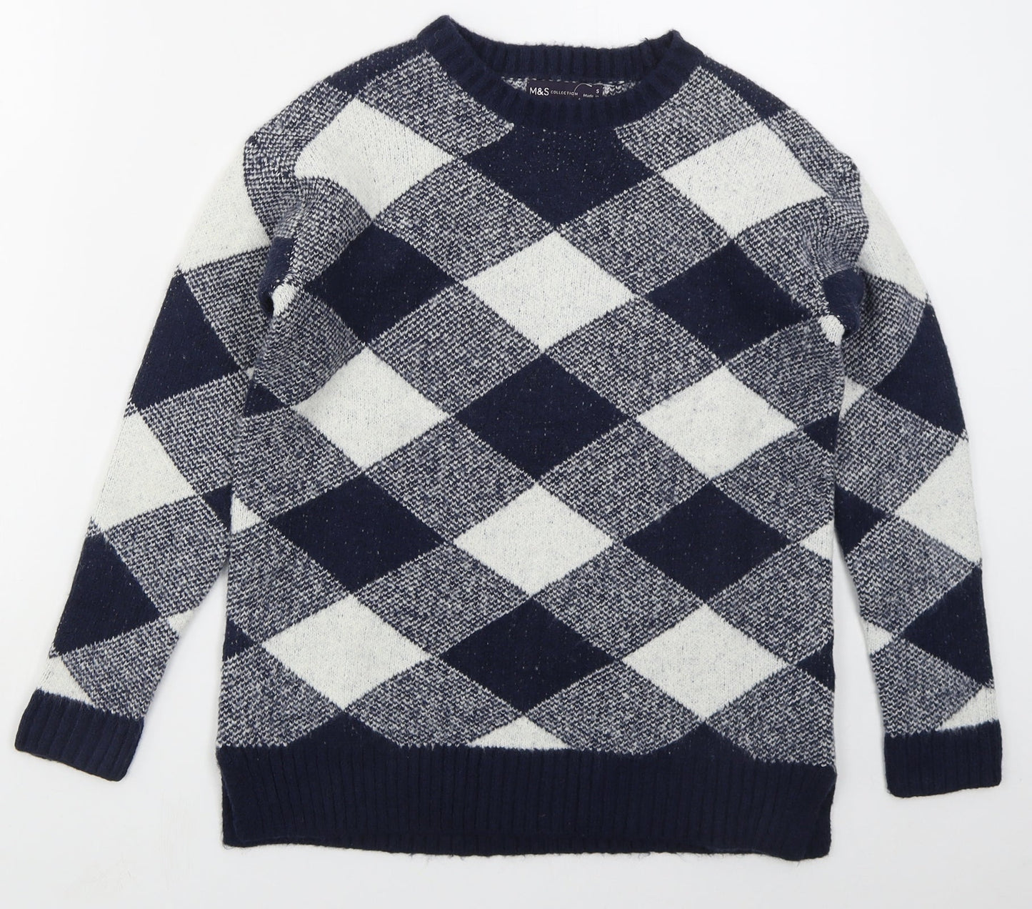 Marks and Spencer Womens Blue Crew Neck Argyle/Diamond Acrylic Pullover Jumper Size S