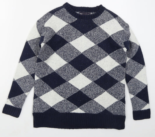Marks and Spencer Womens Blue Crew Neck Argyle/Diamond Acrylic Pullover Jumper Size S