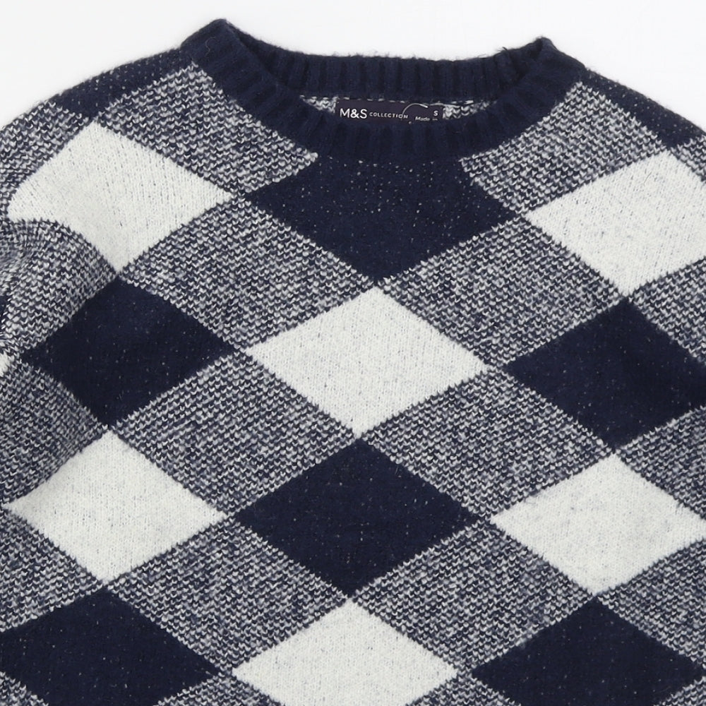 Marks and Spencer Womens Blue Crew Neck Argyle/Diamond Acrylic Pullover Jumper Size S