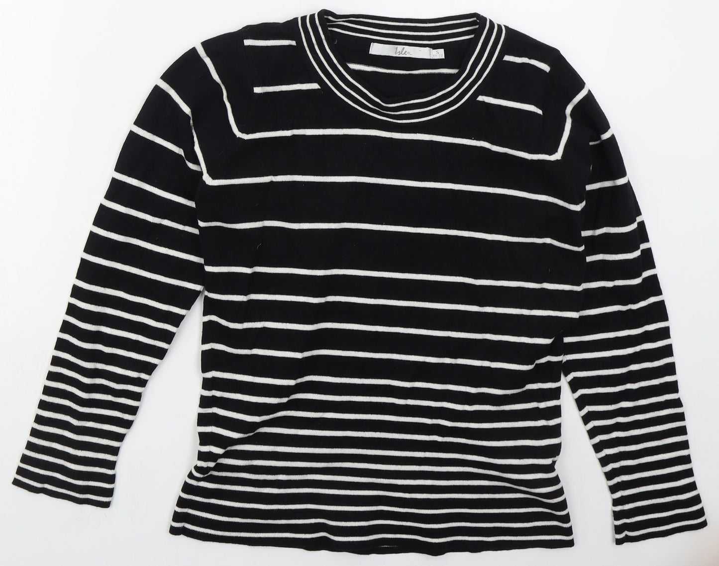 Isle Womens Black Crew Neck Striped Acrylic Pullover Jumper Size 10