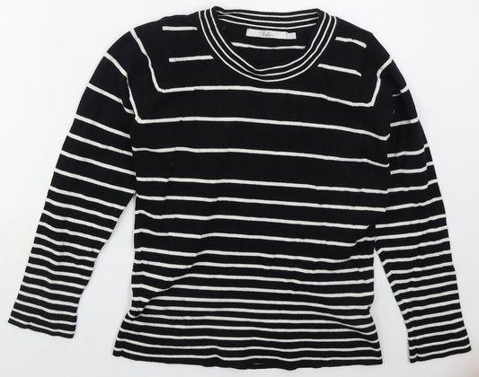 Isle Womens Black Crew Neck Striped Acrylic Pullover Jumper Size 10