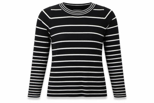 Isle Womens Black Crew Neck Striped Acrylic Pullover Jumper Size 10