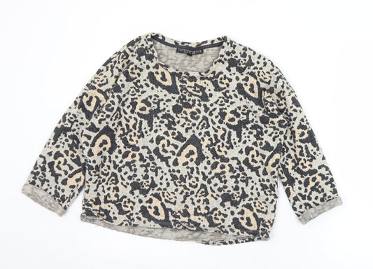 Topshop Womens Grey Animal Print Cotton Jersey T-Shirt Size 10 Round Neck