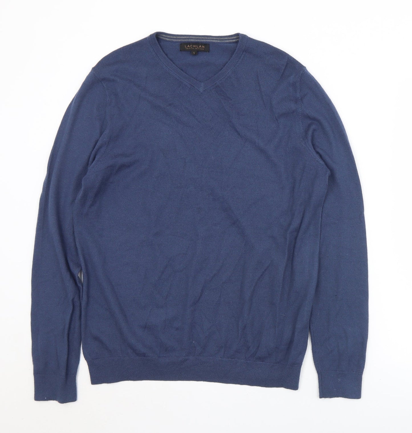 Lachlan Mens Blue V-Neck  Acrylic Pullover Jumper Size L