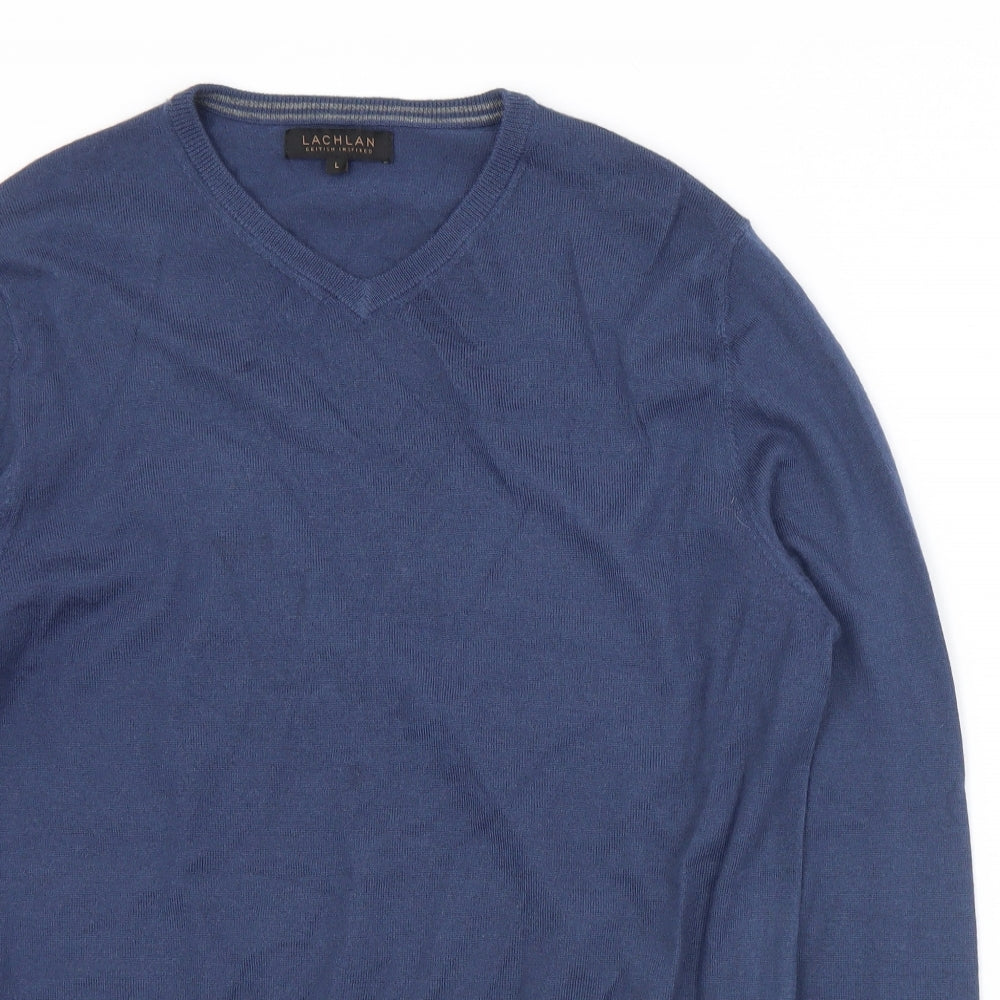 Lachlan Mens Blue V-Neck  Acrylic Pullover Jumper Size L