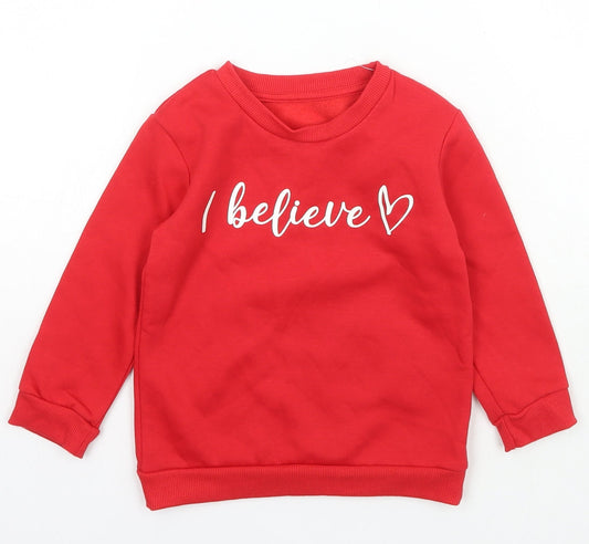 Preworn Girls Red Crew Neck  Polyester Pullover Jumper Size 2 Years  Pullover