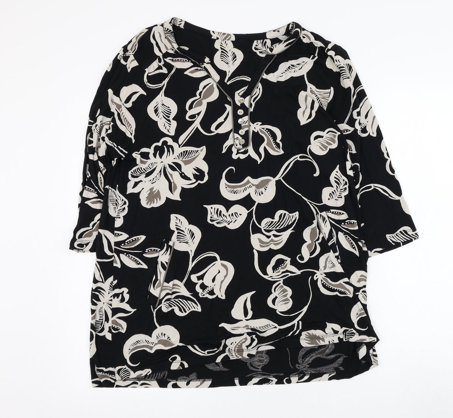 Preworn Womens Black Floral Polyester Basic Blouse Size L V-Neck