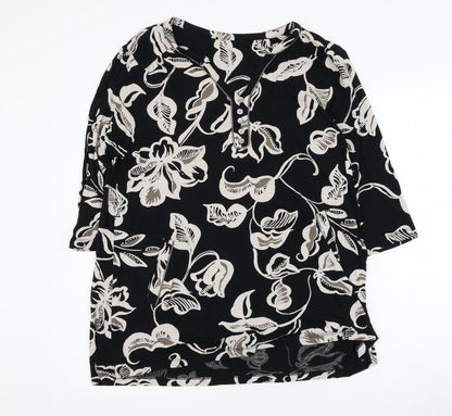 Preworn Womens Black Floral Polyester Basic Blouse Size L V-Neck