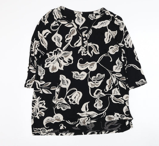 Preworn Womens Black Floral Polyester Basic Blouse Size L V-Neck