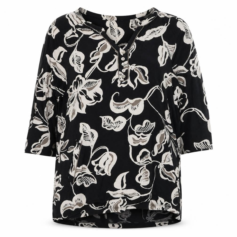 Preworn Womens Black Floral Polyester Basic Blouse Size L V-Neck