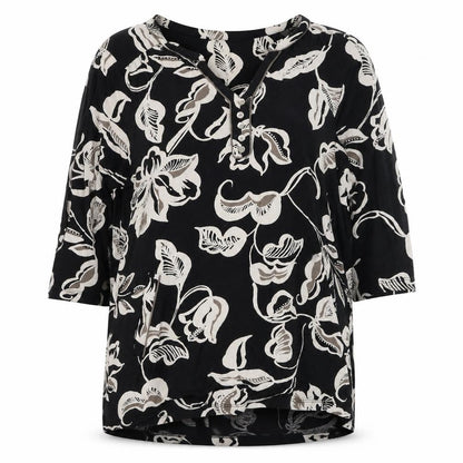 Preworn Womens Black Floral Polyester Basic Blouse Size L V-Neck
