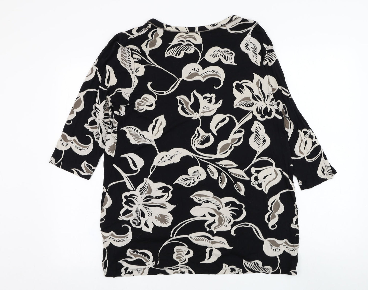 Preworn Womens Black Floral Polyester Basic Blouse Size L V-Neck