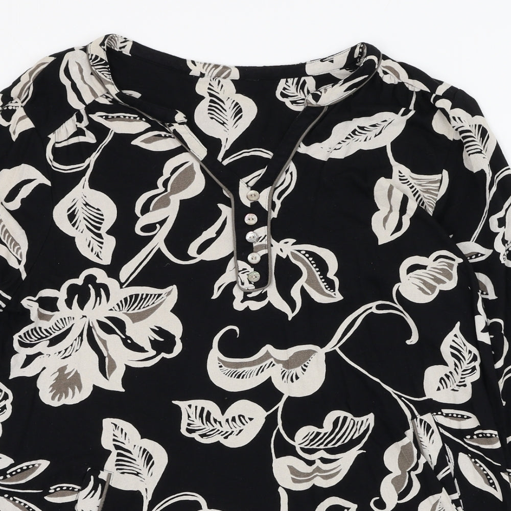 Preworn Womens Black Floral Polyester Basic Blouse Size L V-Neck