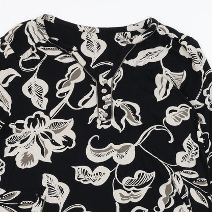 Preworn Womens Black Floral Polyester Basic Blouse Size L V-Neck