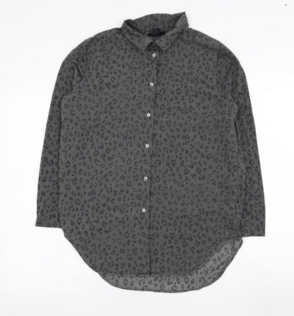 Preloved H&M Womens Grey Animal Print Polyester Basic Button-Up Size XS Collared - Front