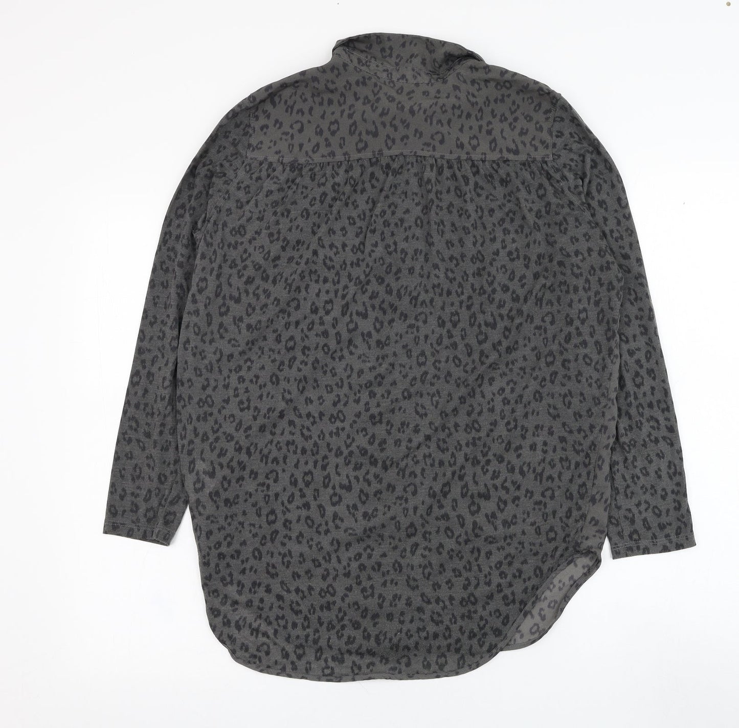 H&M Womens Grey Animal Print Polyester Basic Button-Up Size XS Collared