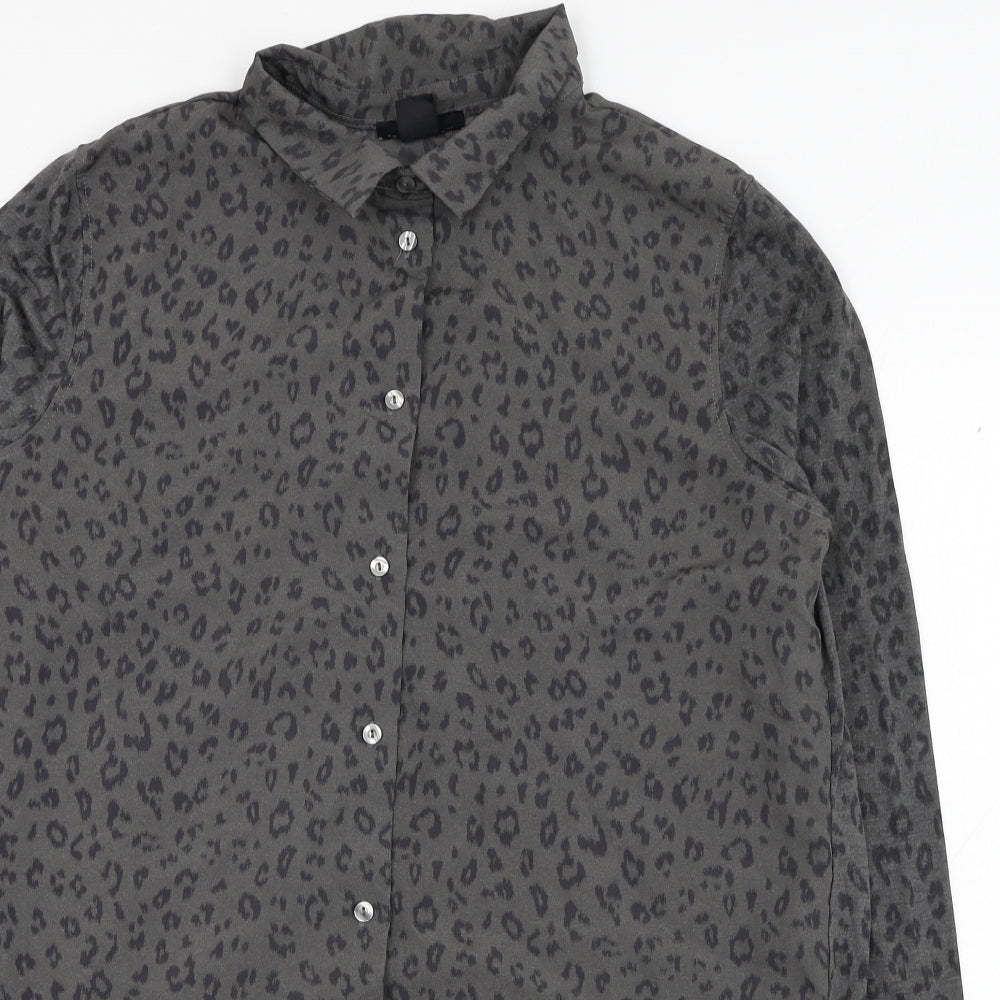 H&M Womens Grey Animal Print Polyester Basic Button-Up Size XS Collared