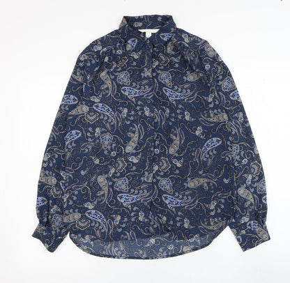 Preloved H&M Womens Blue Paisley Polyester Basic Button-Up Size 6 Collared - Front