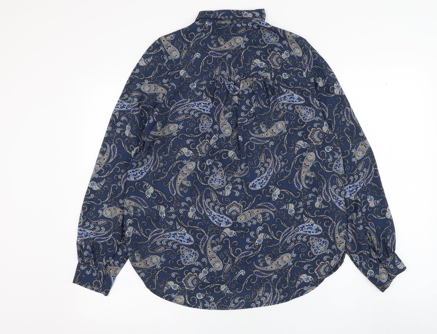 H&M Womens Blue Paisley Polyester Basic Button-Up Size 6 Collared