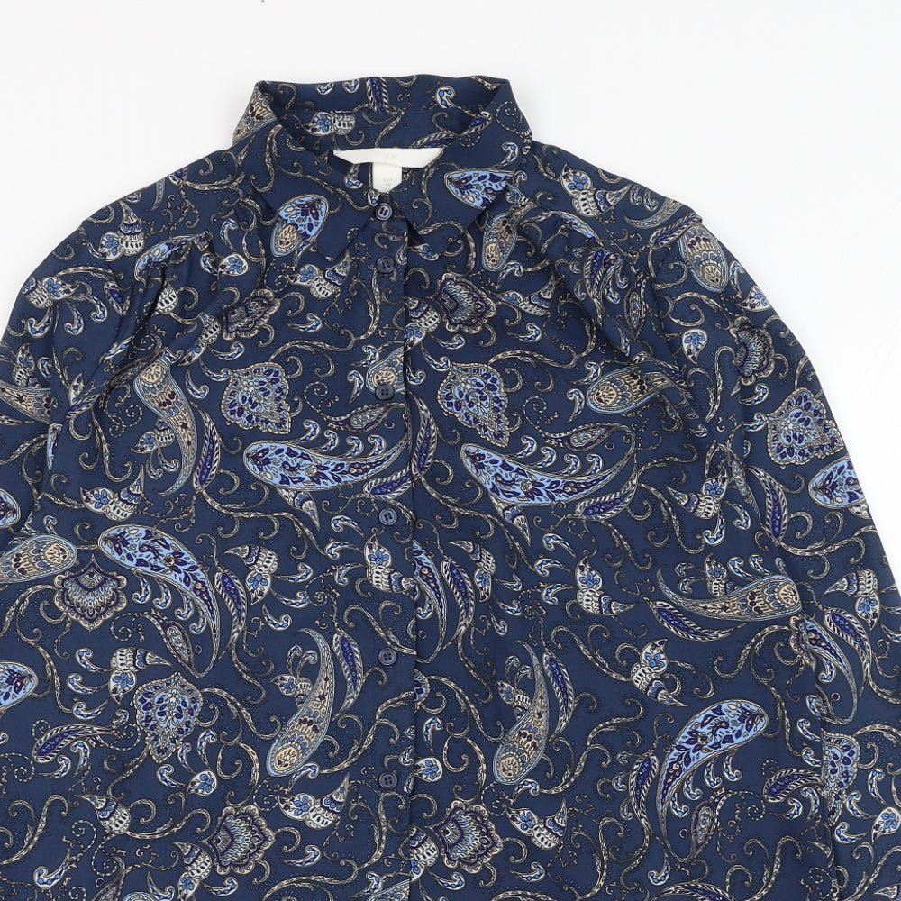 H&M Womens Blue Paisley Polyester Basic Button-Up Size 6 Collared