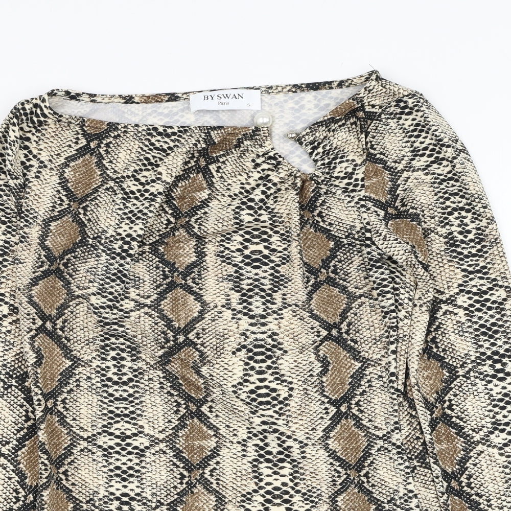 By Swan Womens Brown Animal Print Viscose Basic T-Shirt Size S Round Neck