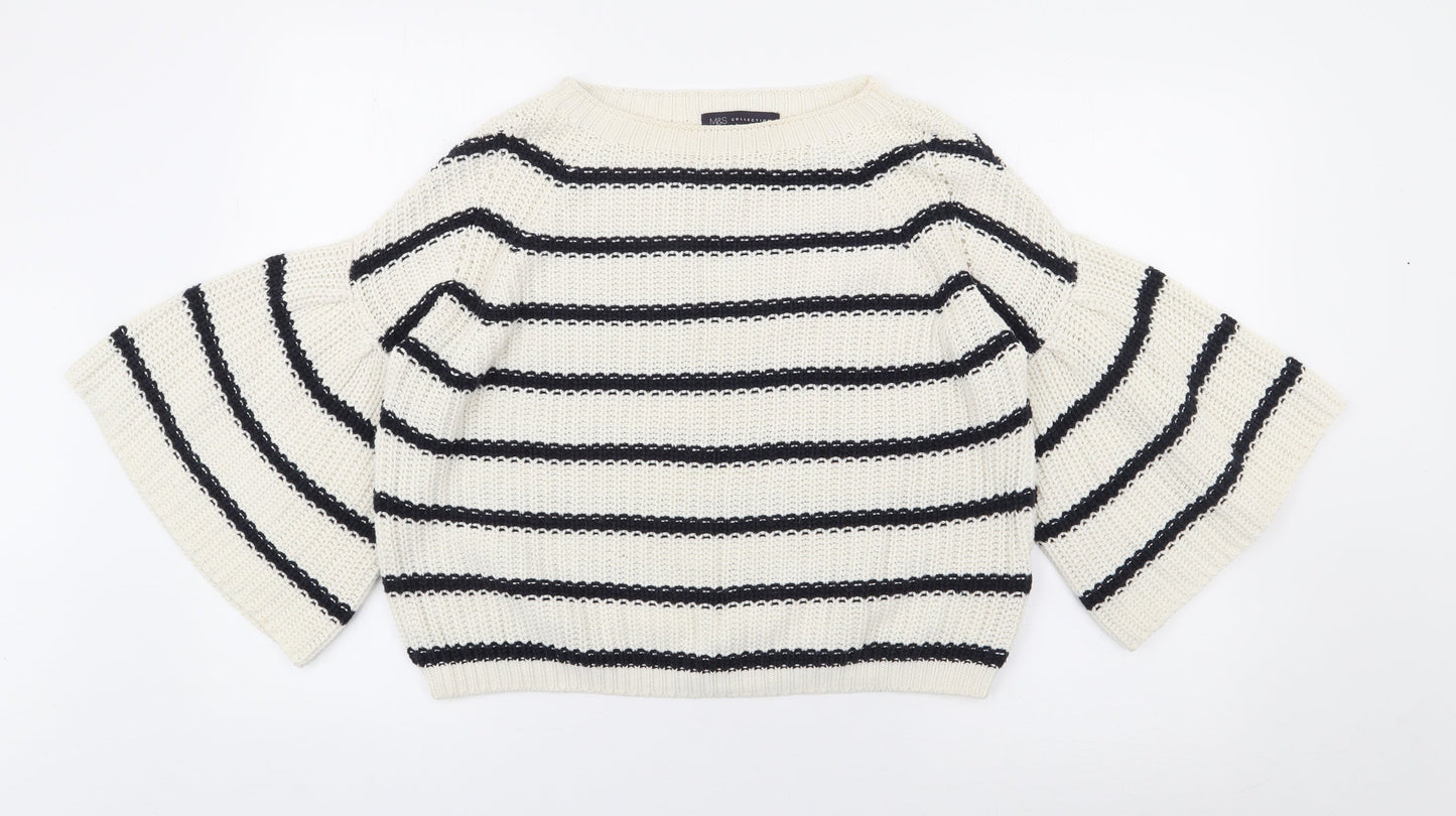 Marks and Spencer Womens Ivory Round Neck Striped Cotton Pullover Jumper Size S