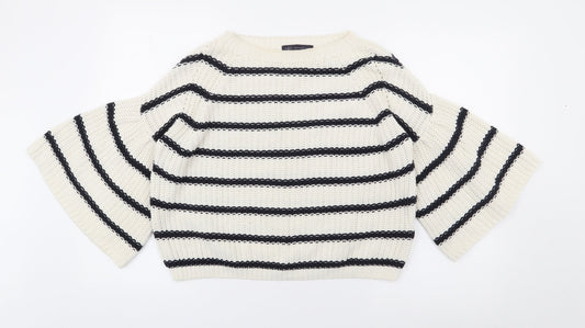 Marks and Spencer Womens Ivory Round Neck Striped Cotton Pullover Jumper Size S
