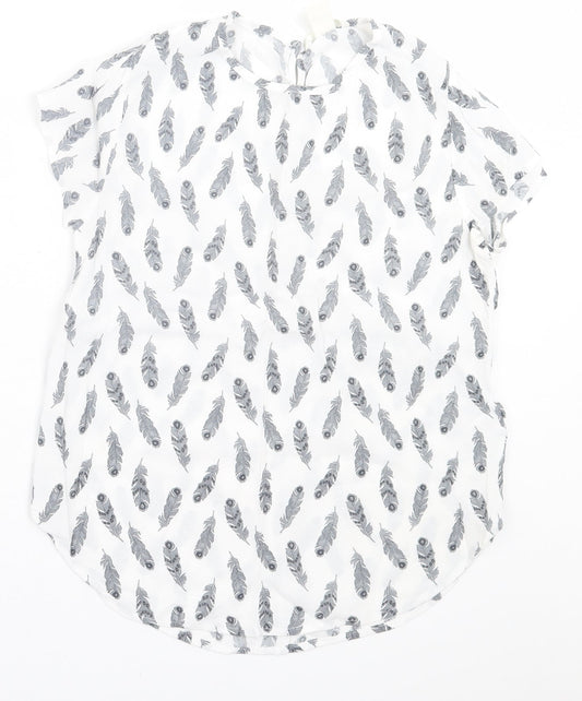 H&M Womens White Geometric Viscose Basic T-Shirt Size 6 Crew Neck