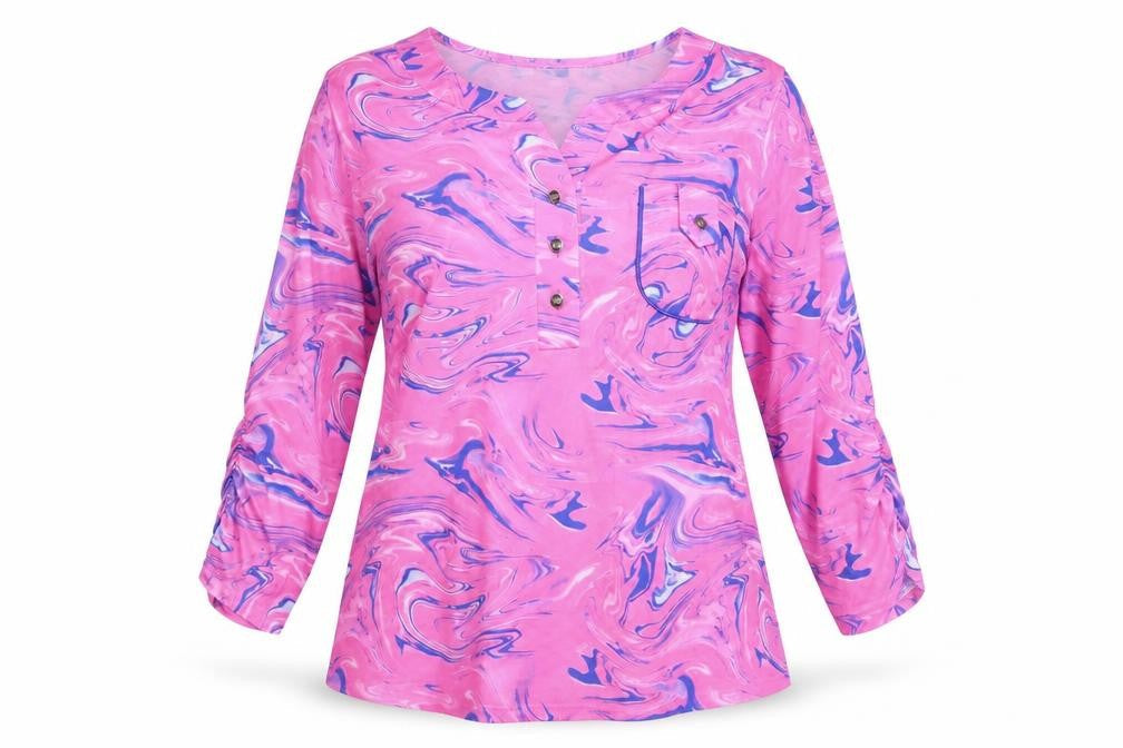 FM Collection Womens Pink Geometric Viscose Basic Blouse Size S Round Neck
