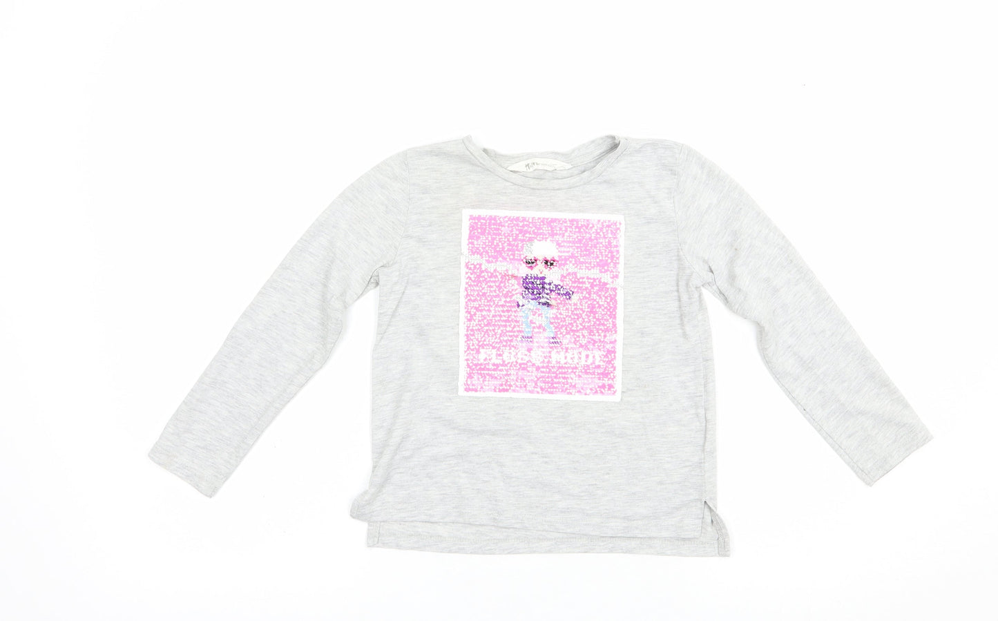 H&M Girls Grey  Polyester Basic T-Shirt Size 4-5 Years Crew Neck Pullover - Floss Mode