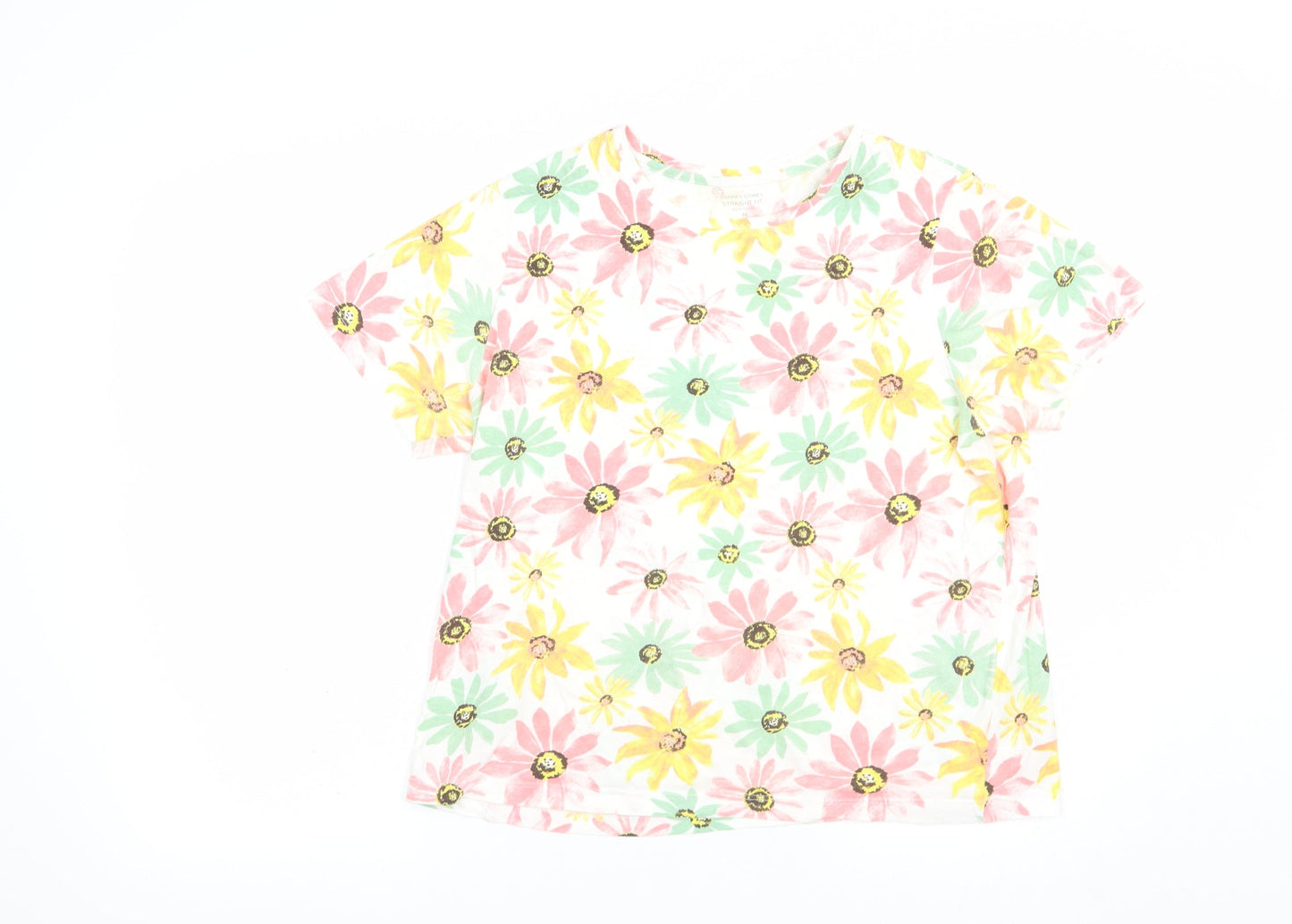 Dunnes Stores Womens White Floral Cotton Basic T-Shirt Size M Crew Neck
