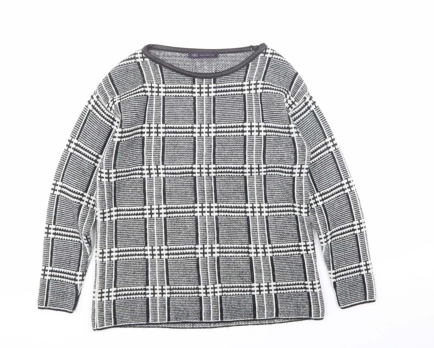 Marks and Spencer Womens Black Crew Neck Plaid Acrylic Pullover Jumper Size 10