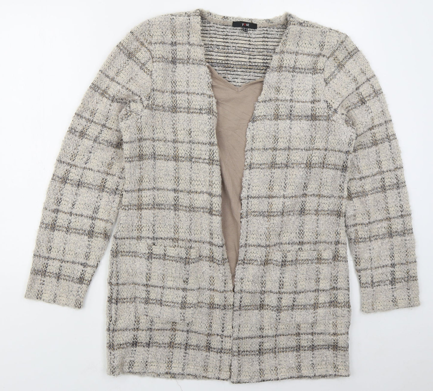 Yest Womens Beige V-Neck Check Acrylic Cardigan Jumper Size 14