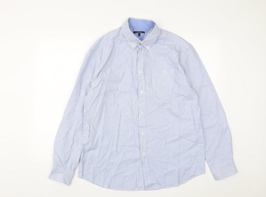 Dunnes Mens Blue Striped Cotton  Button-Up Size L Collared Button
