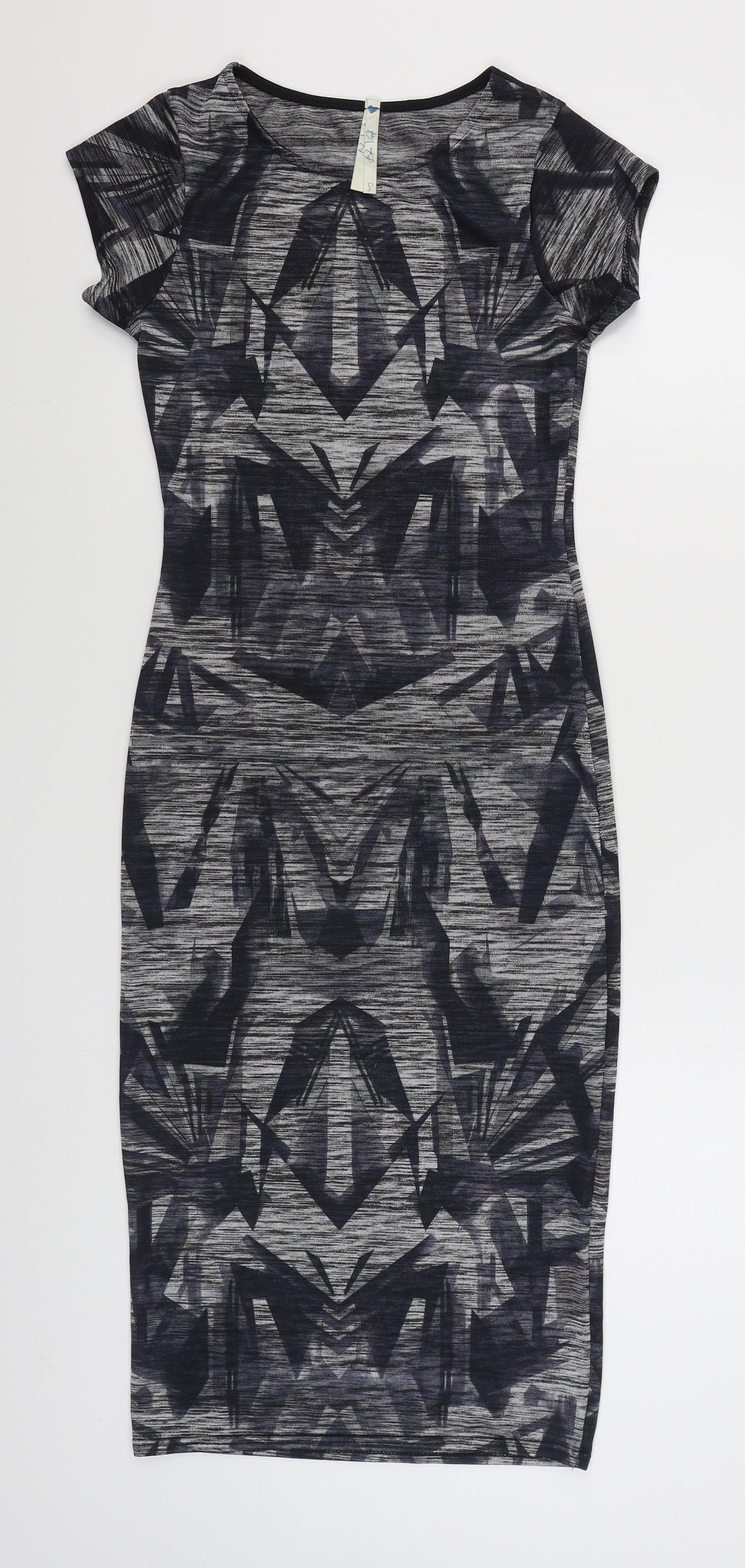 Blue Vanilla Womens Grey Geometric Polyester Bodycon  Size S  Boat Neck Pullover