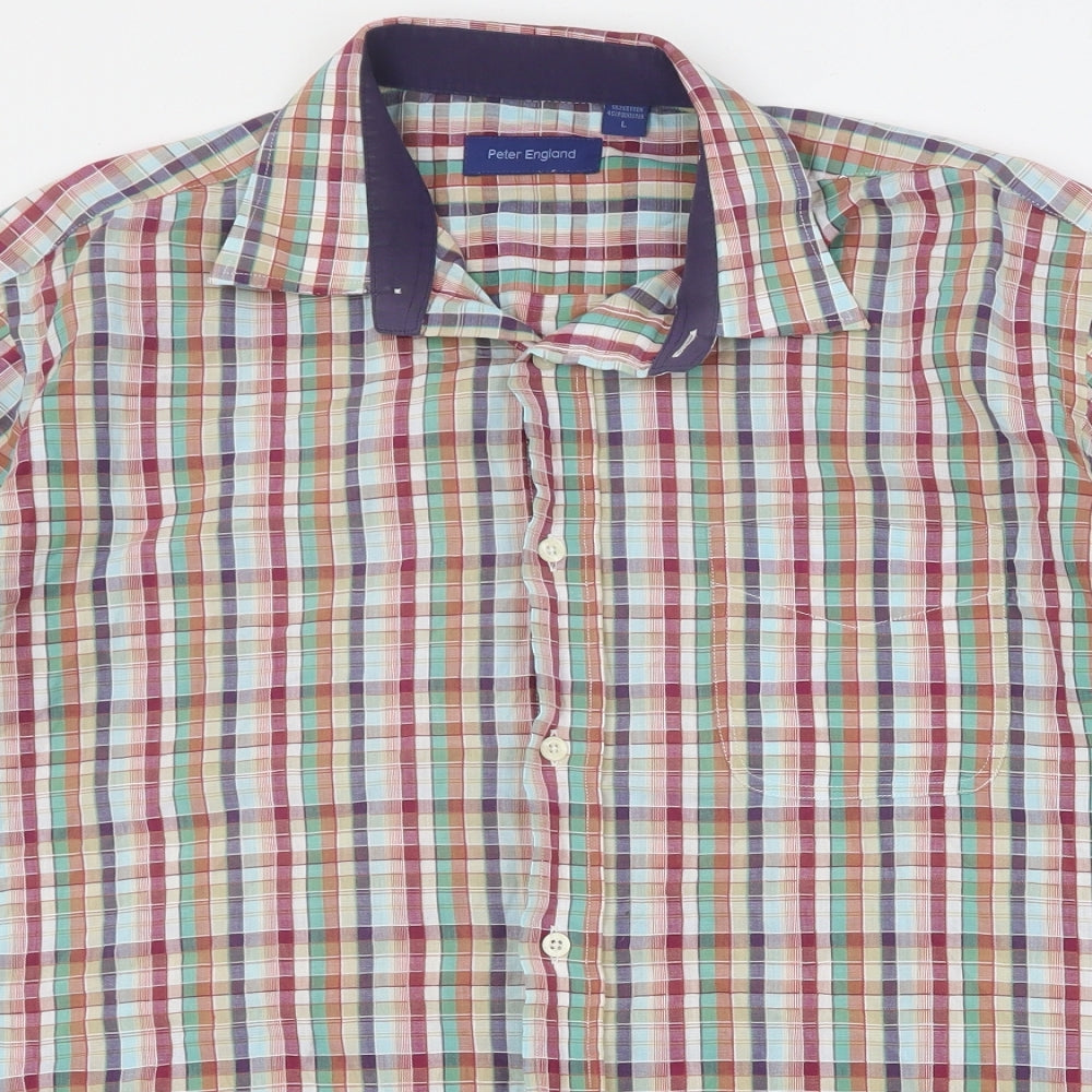 Peter England Mens Multicoloured Plaid Cotton  Button-Up Size L Collared Button