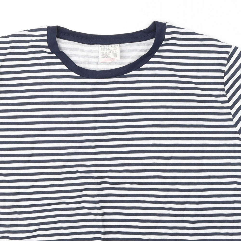 Anne De Lancay Womens Blue Striped Cotton Basic T-Shirt Size M Round Neck